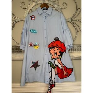N By Nancy Betty Boop Patch Button Down Shirt Dress Blue Ruffle Sleeve Sz M EUC